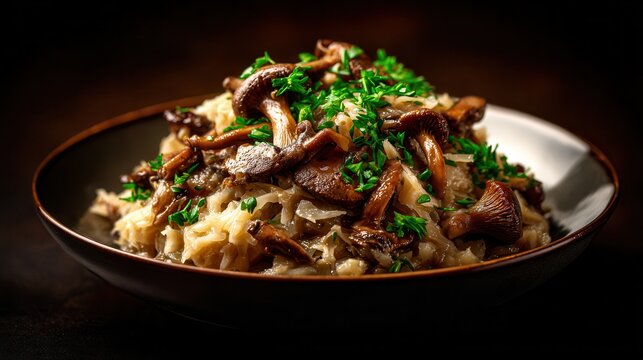 Delicious kapusta z grzybami served in a rustic bowl