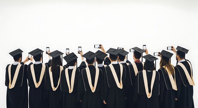 A group of graduates in black robes and caps take photos with their smartphones