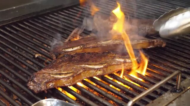 footage of seasoned beef ribs (flanken style or Asado de tira) cooking on a hot grill with yellow flames bursting underneath. A chef uses tongs to manage the meat, creating a mouth-watering aroma and 