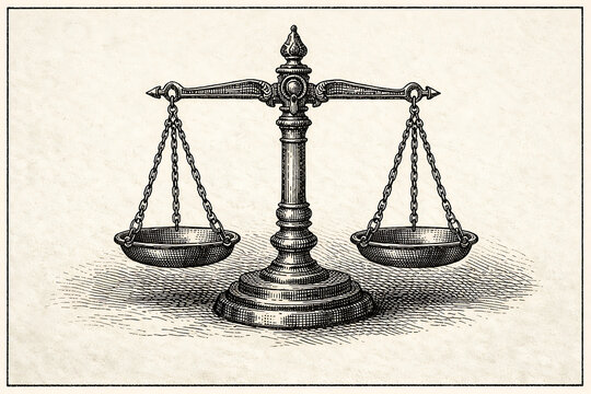 Detailed copperplate engraving of a balanced scale of justice with hanging pans and metal chains