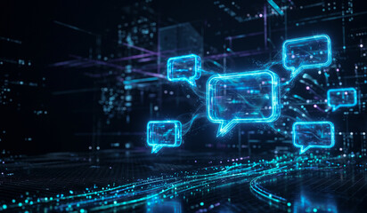 Fototapeta premium Abstract digital communication concept with glowing speech bubbles in a network environment. Represents technology, data exchange, and connectivity.