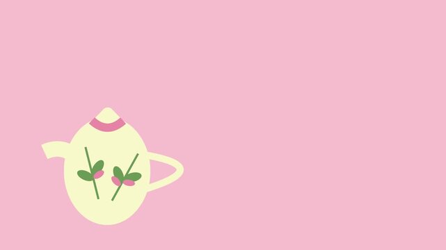 Cute Animated Floral Teapot with Green Leaves on Pastel Pink Background Kawaii Tea