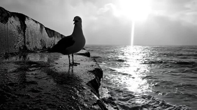 Black and white seaside scene featuring a seagull standing on a stone ledge with waves and sunbeams.
