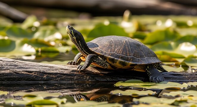 A painted turtle resting on a log in a pond surrounded by lily pads during a sunny day in the wild
