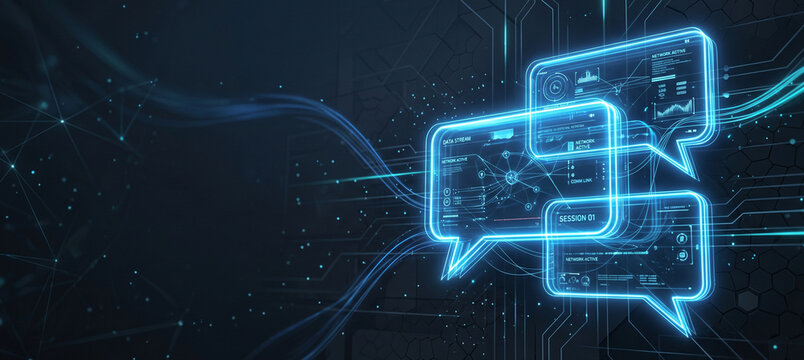 Futuristic digital communication concept featuring glowing chat bubbles against a dark, abstract background, representing technology and data exchange.