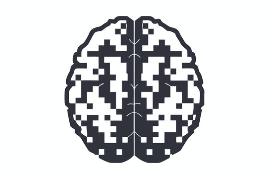 Classic 8-Bit Pixelated Human Brain Silhouette Black and White Outline Vector Graphic for Smart Concepts