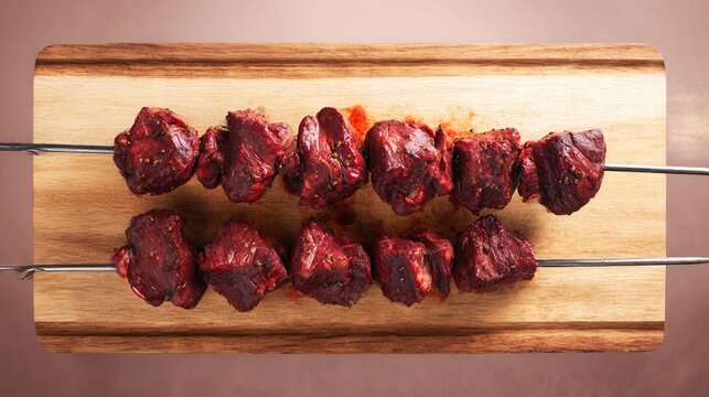 Enjoying Peruvian anticuchos on a wooden board