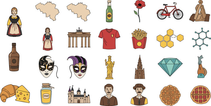 Belgium Culture Icon Set Featuring Landmarks Food Beer Bicycle Waffles Chocolate and Traditional Symbols for Travel Tourism Illustration and European Design Collection.