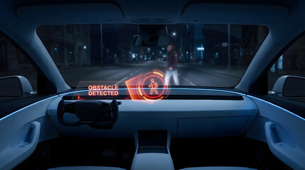 Fototapeta premium Autonomous car interior view at night with an augmented reality display on the windshield, showing an 'Obstacle Detected' warning for a pedestrian in a city. Future of driving safety and technology