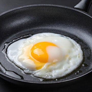 homemade over easy fried egg in pan on dark background