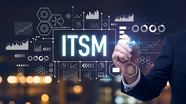 ITSM IT Service Management Concept with Business Analytics Dashboard, Digital Transformation, Workflow Automation and Data Visualization Interface