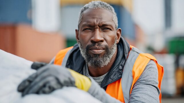 Serious older Black man with gray beard wearing safety vest and gloves at work