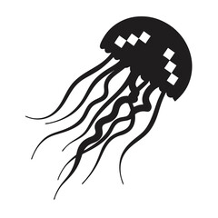 Retro 8-bit jellyfish silhouette illustration in black and white for marine biology graphics © SWORNALY