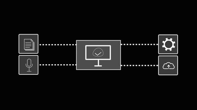 Digital technology ecosystem concept with central monitor icon and connected data input output nodes.