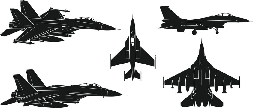 Fighter jet silhouettes collection with multiple angles for military aviation aerospace and defense design projects