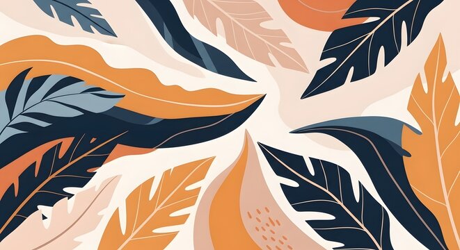 Minimalist botanical leaf composition with earthy tones. Autumn garden and foliage aesthetics concept. Varied tropical leaves scattered across a light beige artistic background