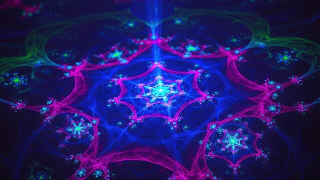 Abstract fractal snowflake nebula with vibrant neon blue and pink light patterns
