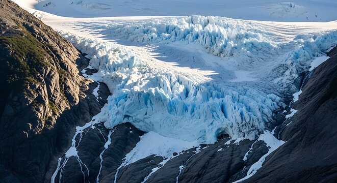 Aerial view of a massive glacier flowing between rugged mountain peaks in a remote, icy landscape