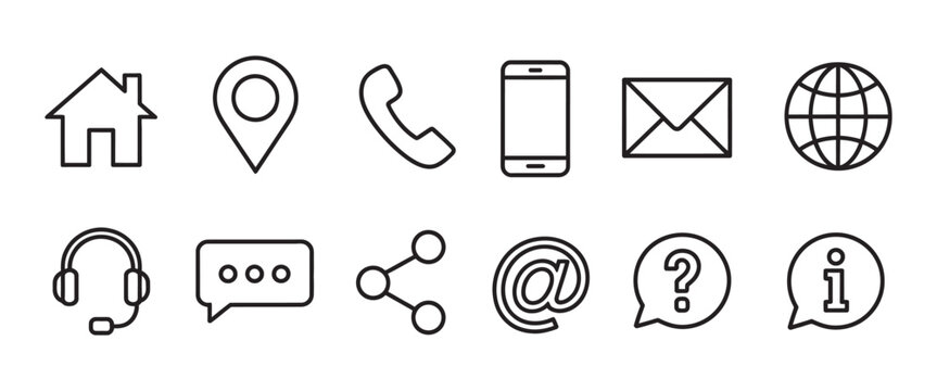 Web icon set, simple contact icons phone mail location address chat info symbols website UI interface transparent vector set