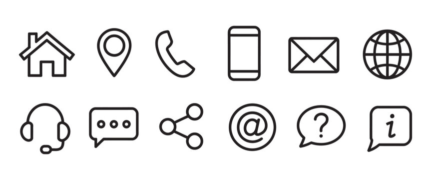 Web icon set, simple contact icons phone mail location address chat info symbols website UI interface transparent vector set