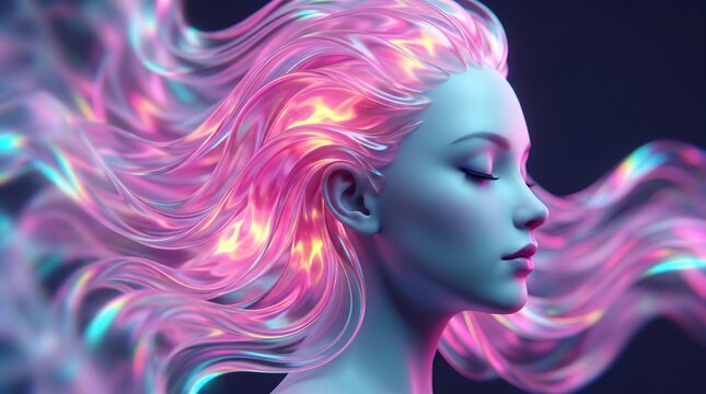 A woman with pale skin and closed eyes is depicted in profile, her flowing hair shimmering with iridescent pink, gold, and teal light. The ethereal scene feels serene and otherworldly.