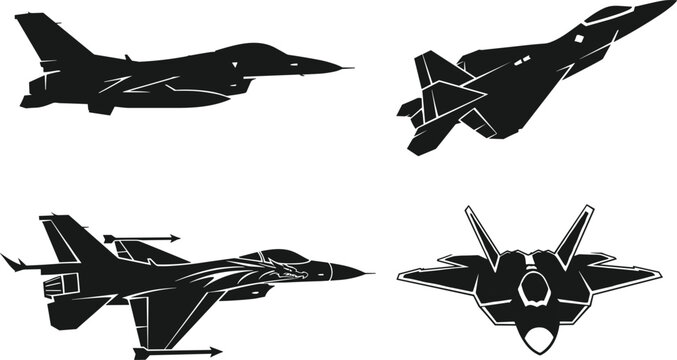 Modern fighter jet silhouettes collection with multiple angles for aviation military and aerospace design projects