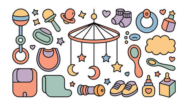 Cute Baby Essentials: An array of adorable baby items, including rattles, a mobile, and other cute accessories. creating a charming, colorful collage that embodies the joy of infancy.