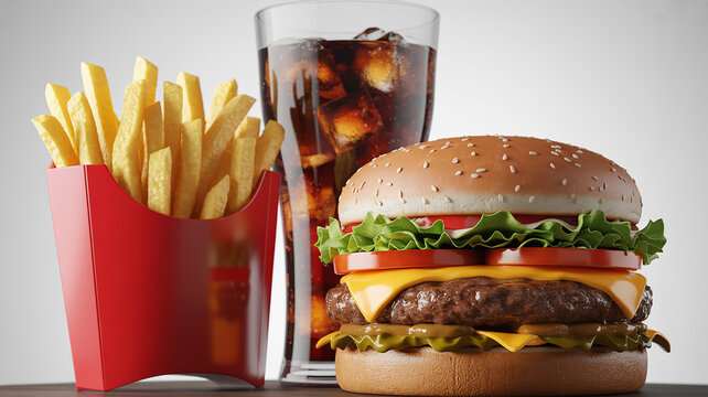Photorealistic 3D render of a delicious fast food combo cheeseburger, golden french fries, and refreshing soda