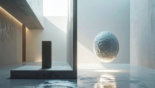 A floating textured sphere suspended in a minimalist architectural space, illustrating the complex concept of quantum superposition in a serene and modern scientific setting.