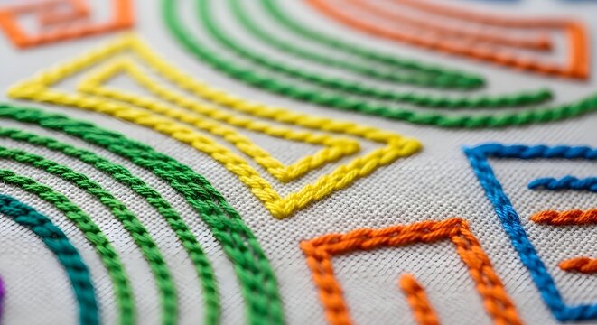 Detailed geometric embroidery stitches on fabric. Modern needlework and textile design. Close up of colorful thread patterns in green and orange