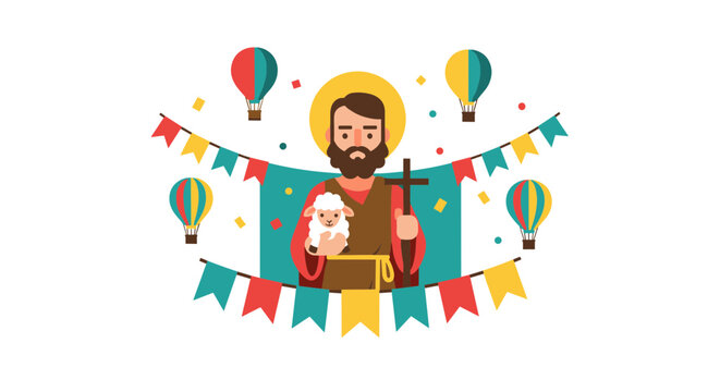 A colorful illustration of Saint Christopher holding a child and a staff