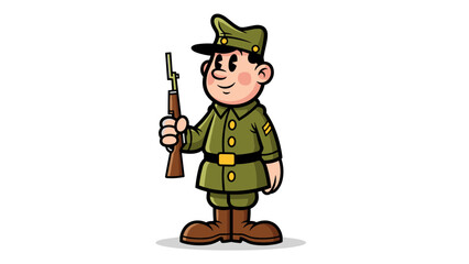 Obraz premium A cartoon soldier holding a rifle in a green uniform and hat