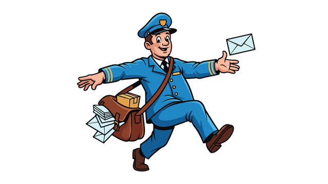 A cheerful cartoon mailman delivering letters in a playful leap