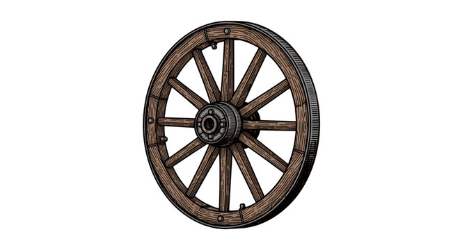 A rustic wooden wagon wheel with a distressed finish and metal rim