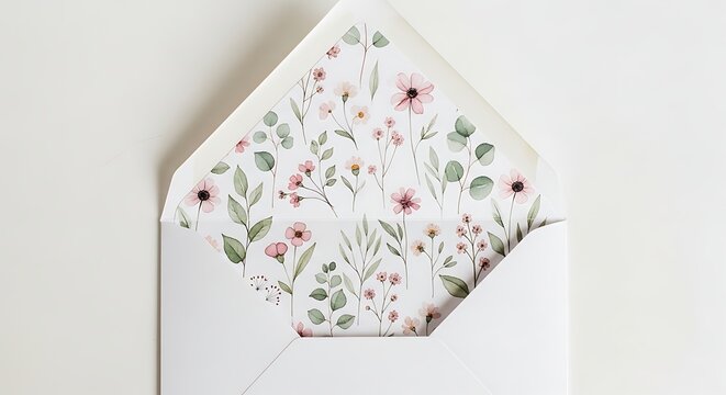 A beautiful white envelope with a floral design on the inside, partially open to reveal its elegant pattern.