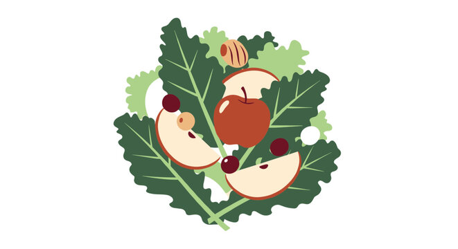 A vibrant vector graphic of a kale leaf with sliced apples and cranberries