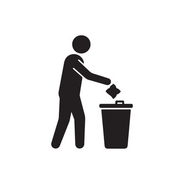 Black silhouette of a person throwing trash into a garbage can