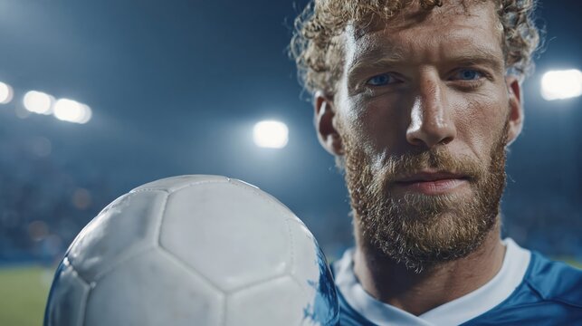 Close-up portrait of a determined male soccer player holding a ball on a stadium field