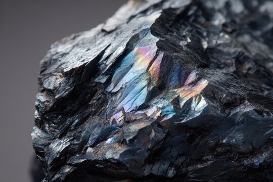 Textured black igneous rock: obsidian with luminous surface and fracture lines