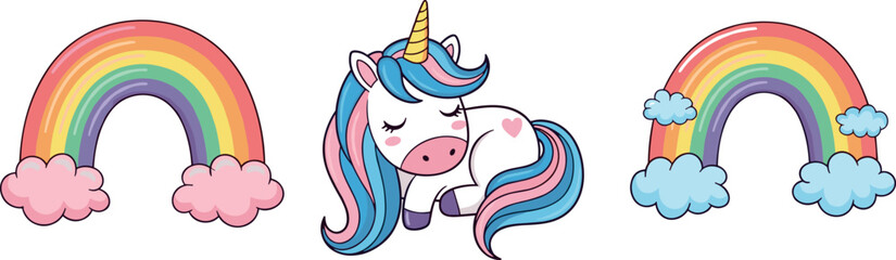 Cute Unicorn with Rainbow and Clouds Cartoon Set in Pastel Colors for Kids Illustration, Nursery Decor, Stickers, Fantasy Theme and Magical Clipart Collection © DabashChandra
