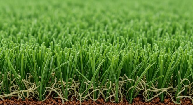 Lush green grass with exposed root system in soil