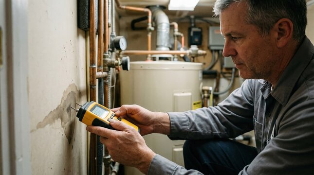 Utility room moisture inspection shows the tester operating equipment near water heater pipes subtly blurred to highlight the foreground action.
