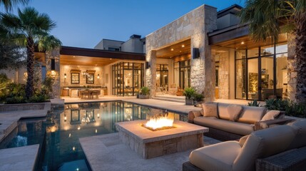 Obraz premium Luxurious home exterior with a large covered patio, outdoor fire pit, and expansive pool at dusk