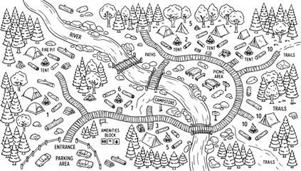 Outline vector illustration of a national park map with hiking trails and campsite © Akhi Ayra