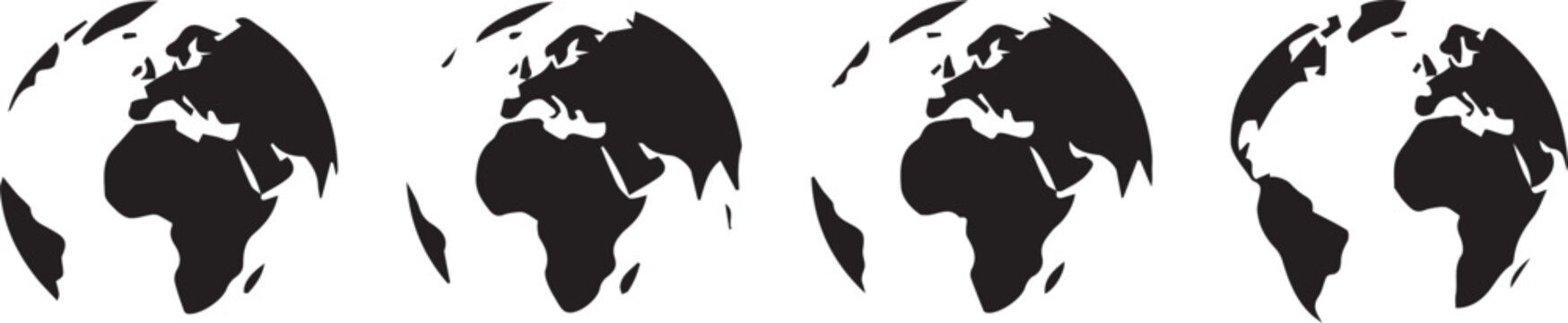 Set of minimalist world globe icons showing different continents, earth sphere map silhouette.
