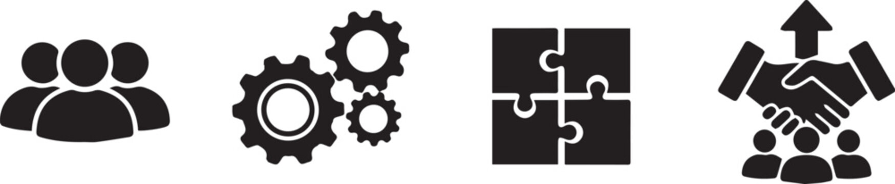 Business teamwork and strategy icon set including gears, puzzle, handshake and group.