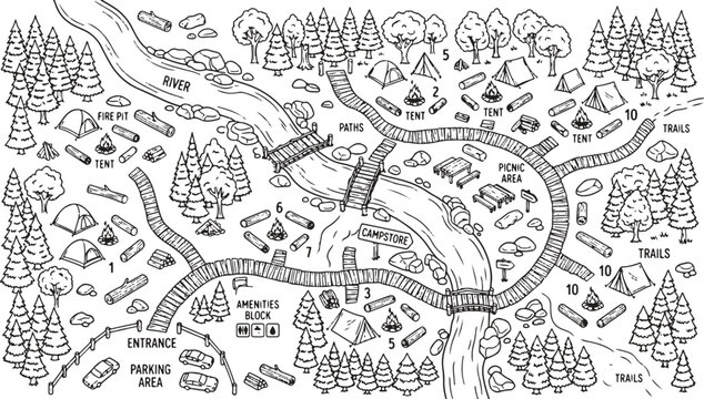 Outline vector illustration of a national park map with hiking trails and campsite