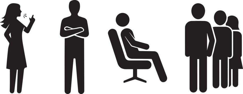 Set of human stick figure icons in different poses including standing, sitting, and waiting.