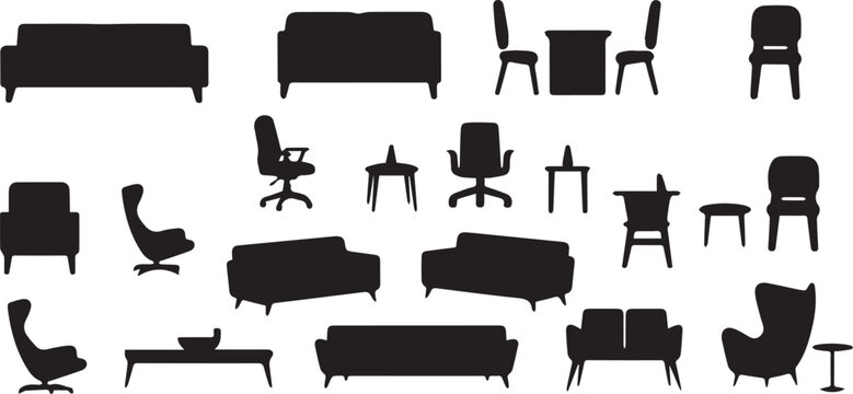 Interior furniture silhouette icons set with sofa, chair, table, and office desk.