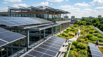 Obraz premium Medium shot of modern office building with solar canopies on rooftop focus on solar panels and blurred green roof in background showcasing sustainable workspace.